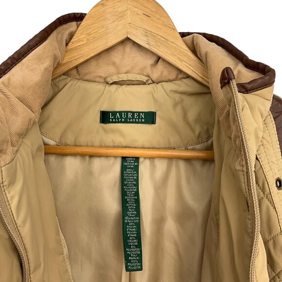 Ralph Lauren Diamond Quilted Barn Jacket Womens L Faux Leather Trim Birch Tan - Picture 12 of 16